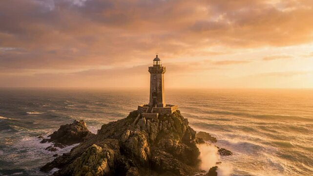 Dramatic golden hour sunset illuminates a solitary lighthouse perched on a rugged rocky island, with waves crashing around it