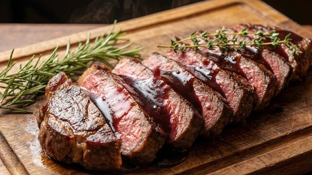Close-up of sliced beef steak being drizzled with red wine sauce on a rustic wooden board, garnished with rosemary and thyme