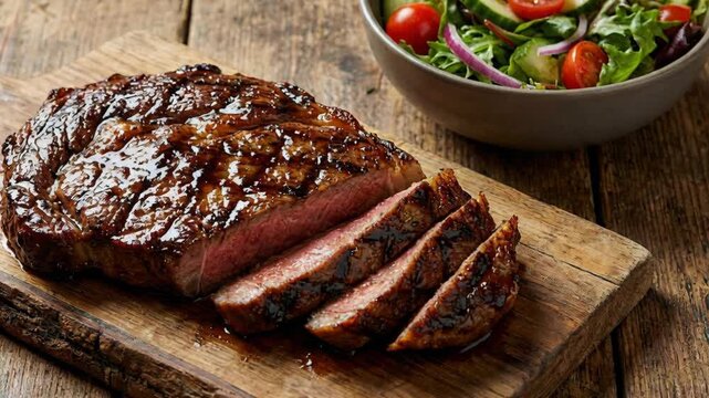 A perfectly grilled steak sliced and served on a wooden board with a side of fresh green salad. Rustic table background