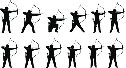 Archery archer silhouettes set showing multiple shooting poses with bow and arrow isolated on white background vector illustration © Nayan