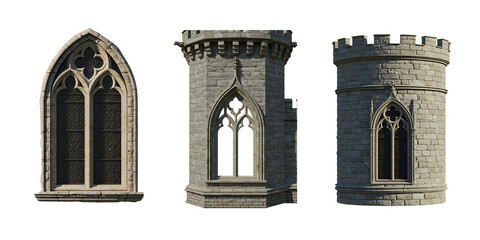 Ancient gothic cathedral facade featuring a detailed old stone church window and arched entrance with medieval brick architecture