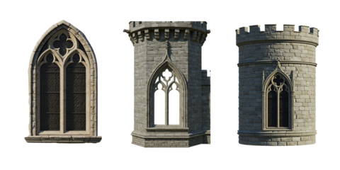 Ancient gothic cathedral facade featuring a detailed old stone church window and arched entrance with medieval brick architecture