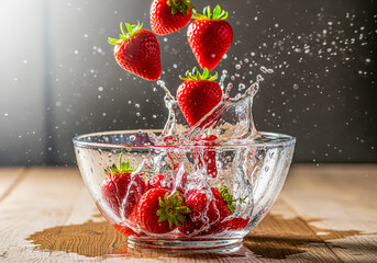 Fresh red strawberries splashing into water in glass bowl on wooden table