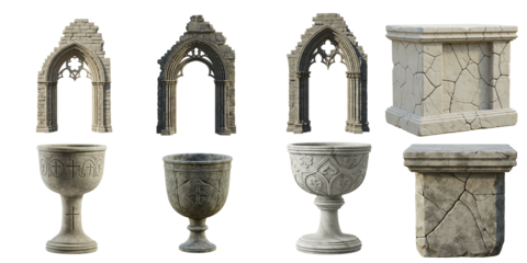 An ancient Greek column with decorative ornaments stands near a vintage stone sculpture and an antique silver goblet, showcasing architectural art and old metal objects isolated together