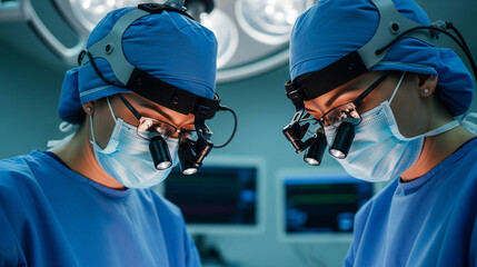 Highly Focused Surgeons Working Together with Loupes in the Operating Room