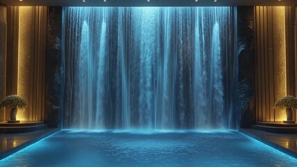 Luxurious indoor spa with cascading waterfall into a tranquil blue pool creating a serene modern amb
Relaxing indoor spa experience featuring a beautifully lit cascading waterfall flowing.