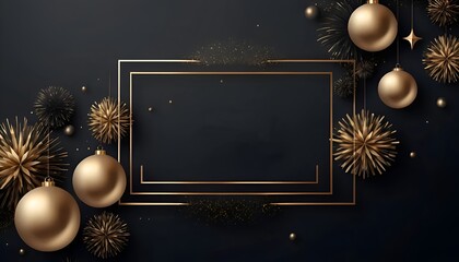 Elegant dark Christmas background featuring a golden double frame with hanging gold baubles and abstract starburst decorations.