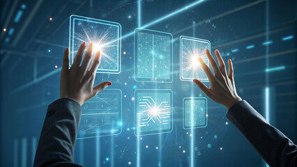 Person interacting with glowing digital squares in a futuristic interface