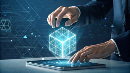 Businessman interacting with a glowing digital cube on a tablet