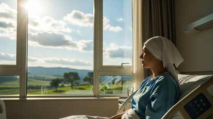 Hopeful Patient Looking at Sunlit Scenic View from Hospital Window