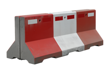 Modular plastic road barrier in red and white with reflective strips for traffic management and road safety