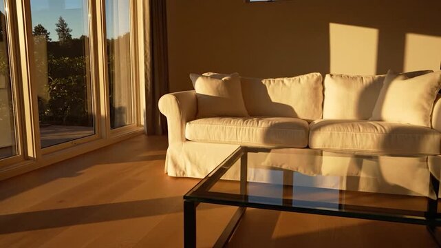 Sunlit living room with sofa and coffee table