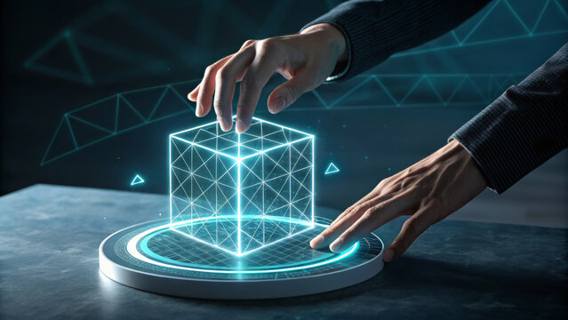 Hands interacting with glowing blue 3d cube on futuristic interface - Powered by Adobe