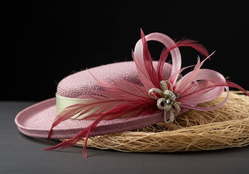 Detailed view of delicate materials, including plumes, sinamay straw, and ribbon, necessary for the artistic construction of custom headwear ,workshop ,couture ,decoration