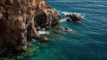A rugged, rocky cliff face plunges dramatically into the vibrant turquoise sea, where small waves crash against the rocks and reveal the clear water below nearby.