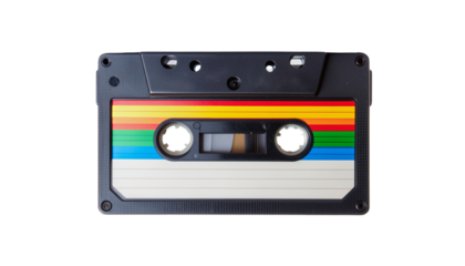 Retro Black Plastic Cassette Tape with Vibrant Horizontal Label Design, Vintage Music Media, Isolated on Transparent Background PNG