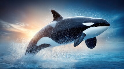 Obraz premium Orca breaches ocean waves at sunset with dramatic sky.