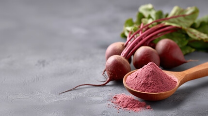 Vibrant Beetroot Delight: A still life composition showcases fresh, whole beetroots alongside a scoop of vibrant, finely ground beetroot powder.