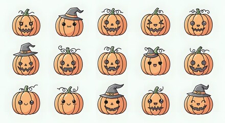 Cute Halloween pumpkins with funny and spooky faces, wearing witch hats, illustrated for autumn festivities and scary celebrations