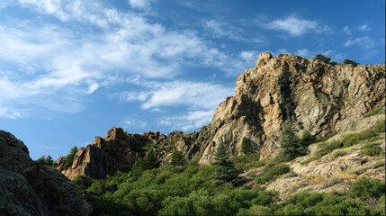 Sunlight ds a rocky mountain landscape with scattered trees and lush greenery, underneath a blue sky filled with wispy clouds on a bright sunny day.
