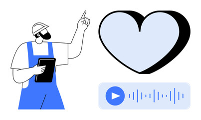 Obraz premium Teamwork, communication, digital tools, work-life balance, health, podcasts. A worker holds a tablet and points to a heart, accompanied by an audio wave and play button. Teamwork and communication