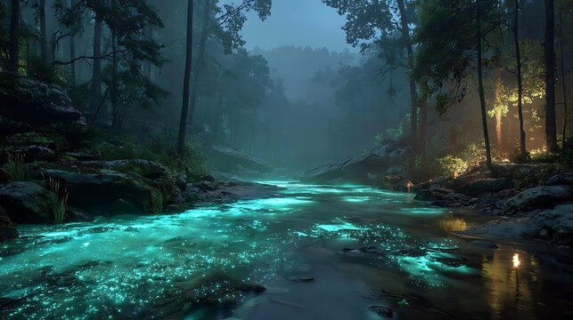 Magical bioluminescent creek in dark forest images