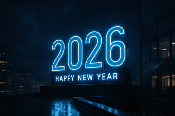 Happy New Year 2026 Blue Neon Sign with City Rooftop Night View and Wet Reflection, las vegas neon sign