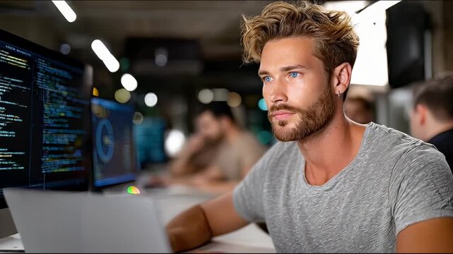 Man working on computer with coding interface indoors
