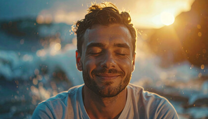 Serene close up of man face feeling calm and peace. happy person enjoys tranquil moment by ocean during golden sunset