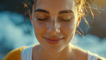 Cinematic close up of serene woman face. peaceful, hopeful person with eyes closed, smiling gently in warm sunlight of stormy day