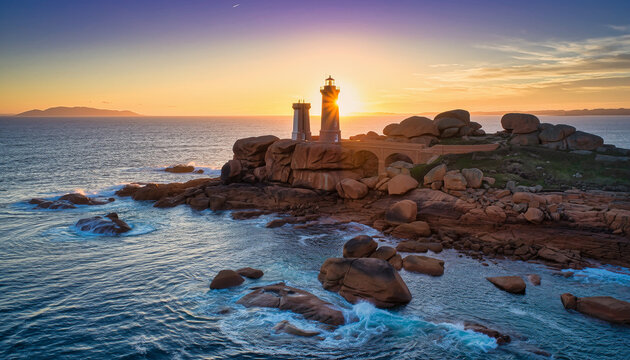 Aerial Drone Orbiting Lighthouse On Rocky Coast At Sunrise, Coastal Landmark, Maritime Beacon, Ocean Waves Crashing, Nautical Heritage