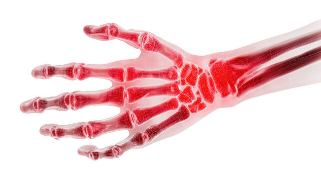 Transparent illustration depicting bones forming two human hands, featuring a gradient transition from blue to red, emphasizing inflammation associated with rheumatoid arthritis