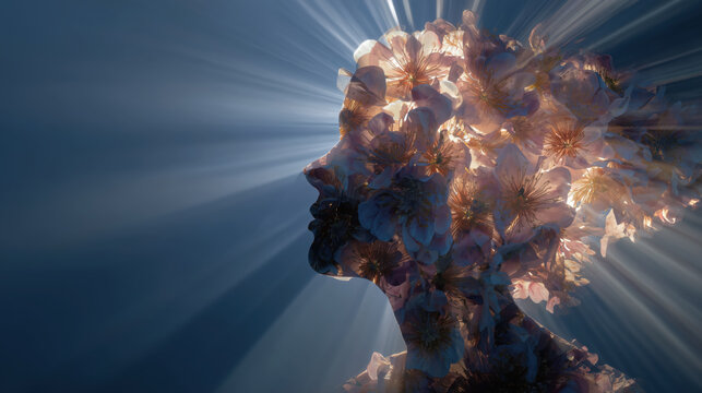 Surreal silhouette of a head filled with flowers and backlit by dramatic rays, expressing complex mental health, inner growth, emotional struggle, hope, anxiety, and duality