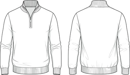 Men’s pullover sweater technical sketch, front and back view, quarter-zip collar, ribbed cuffs, hem, fashion illustration, garment design © LITON
