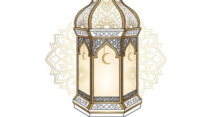 Elegant Ramadan lantern with intricate Arabic designs and crescent moon motifs, symbolizing Islamic celebrations and festive occasions