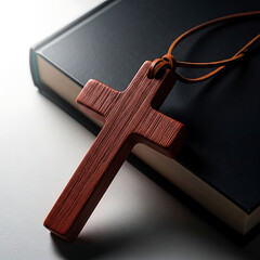 Wooden Christian Cross Necklace on Holy Bible Book on White Background