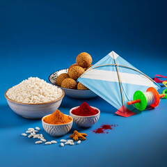 Makar Sankranti festival items, kite, sweets, rice, and spices on blue background