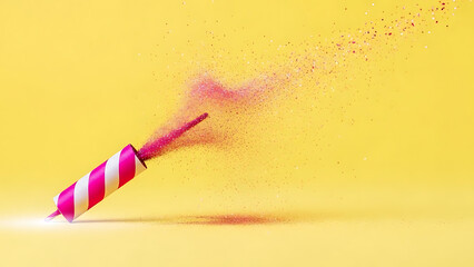 Vibrant pink and white striped firework exploding on bright yellow background with sparks