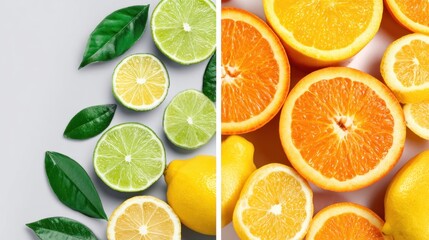 Obraz premium Sliced limes and oranges are artfully arranged with whole lemons and green leaves.