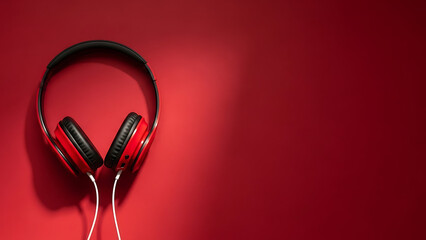 Red headphones on red background with white cords, music and audio equipment concept