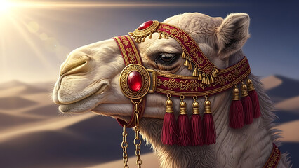 Majestic camel portrait with ornate desert harness and tassels in desert landscape