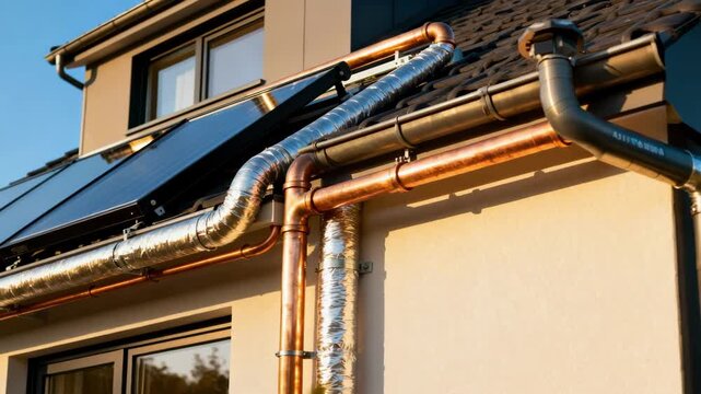 Medium shot of solar thermal panels on a rooftop seamlessly connected to a homes hydronic heating system showcasing sustainable energy integration.