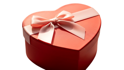 Red heart shaped gift box with pink ribbon on top isolated on transparent background