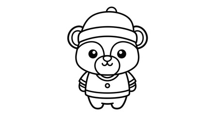 Cute cartoon bear wearing a hat and sweater, simple line art illustration for children's books or educational materials