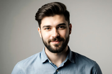 Obraz premium Closeup photo of young attractive handsome positive bearded man wear casual shirt