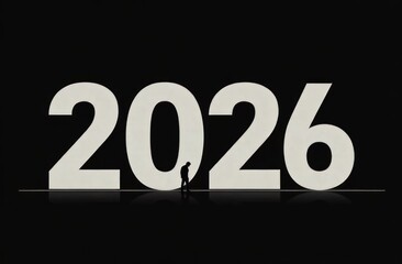 White numbers 2026 with shadow of man on black background