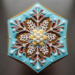Decorated hexagonal gingerbread cookie with intricate snowflake design for winter holidays