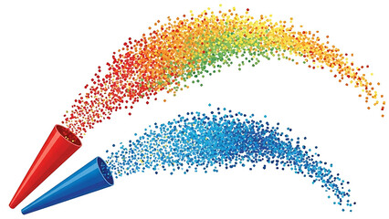Colorful confetti poppers with rainbow and blue particles on white background for celebration