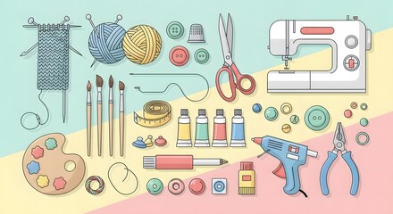 Artisanal Crafting Essentials Flat Lay Illustration A Diverse Collection of Creative Hobby Tools and Supplies for DIY Projects and Handmade Creations