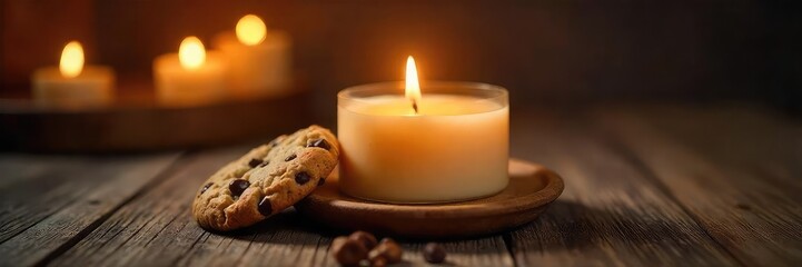 A deliciously scented cookie candle, baked to perfection and ready to illuminate your home with a warm, inviting glow Perfect for cozy nights and sweet-smelling ambiance , butter, glass
